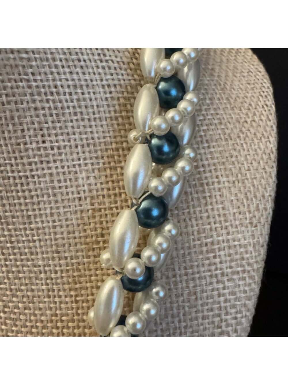VTG Beaded Braided Necklace Plastic Faux Pearls & Metallic Blue Beads 33" Long - Picture 2 of 7